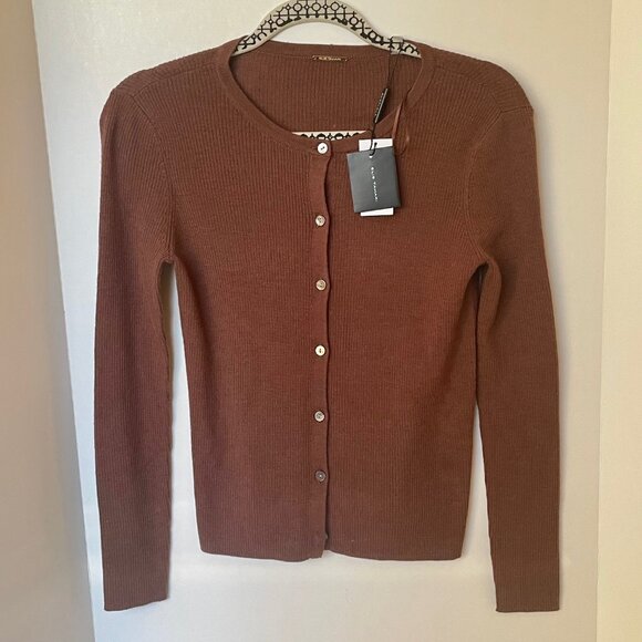 Elie Tahari Merino Wool Cardigan Womens XS Brown Lightweight Ribbed Sweater - Picture 2 of 8